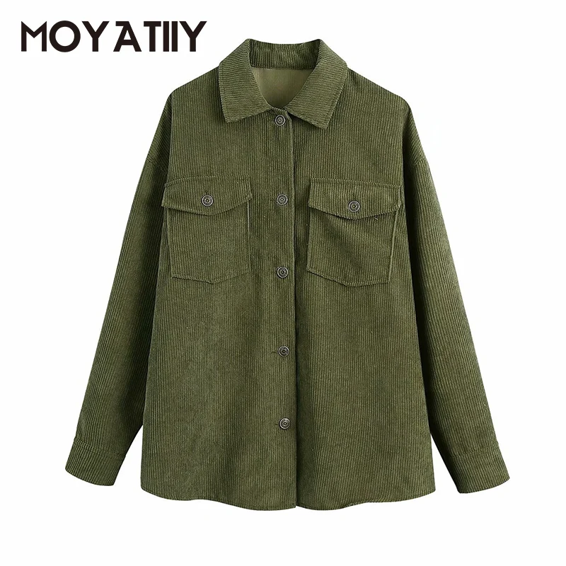 

MOYATIIY Women Fashion 2021 Autumn Corduroy Jackets Safari Style Solid ArmyGreen Long Jacket Overcoats Long Sleeve Female Tops