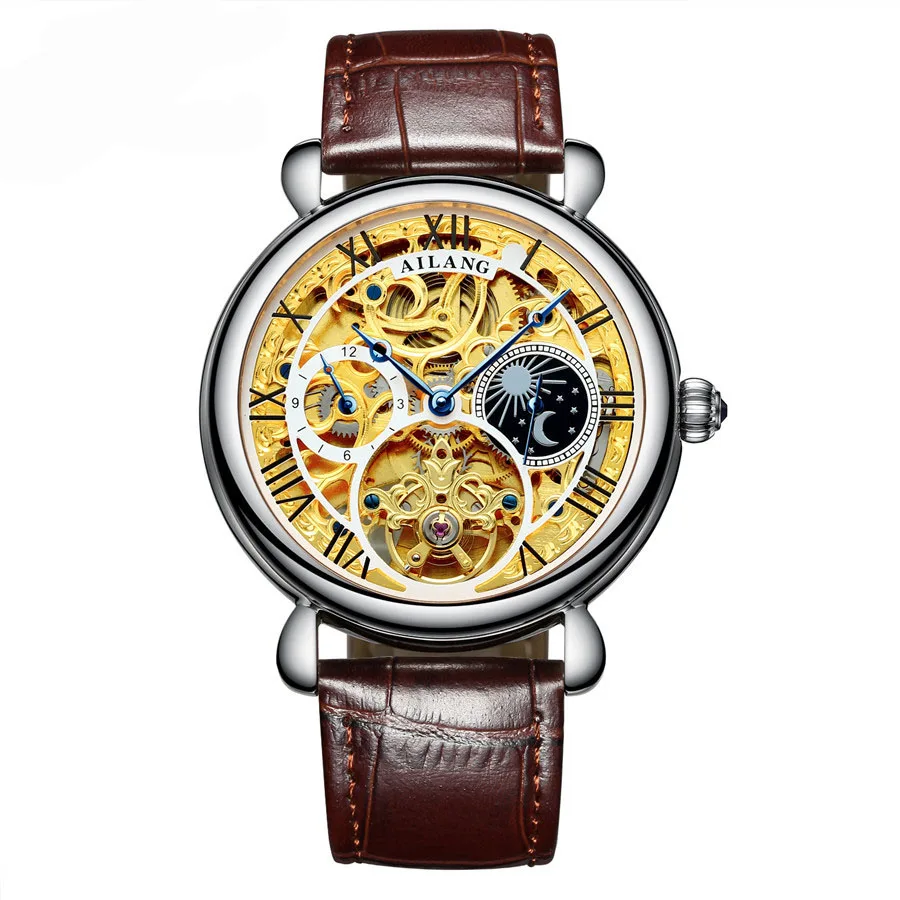AILANG Moon Phase, мужские винтажные автоматические механические часы, мужские часы со скелетом, s Tourbillon, часы, лучший бренд, Роскошные, Новинка - Цвет: Silver brown