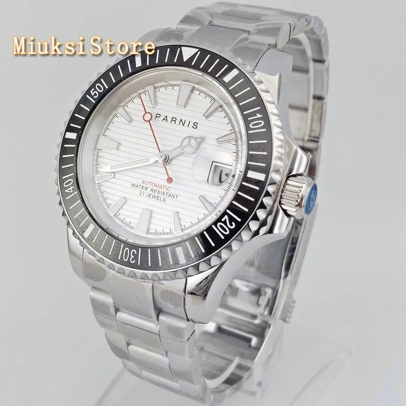 Мужские механические часы Parnis 41 мм сапфировое стекло Керамическая рамка белый