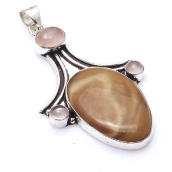 

Genuine Jasper + Rose Quartz Pendant Silver , Hand made Women Jewelry gift , P9744