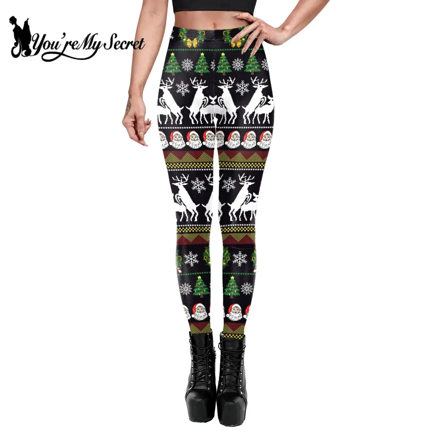 

[You're My Secret]New Year Christmas Snow Elk Printed Leggings Stretch Fitness Women Workout Leggins Sexy Elastic Push Up Pants