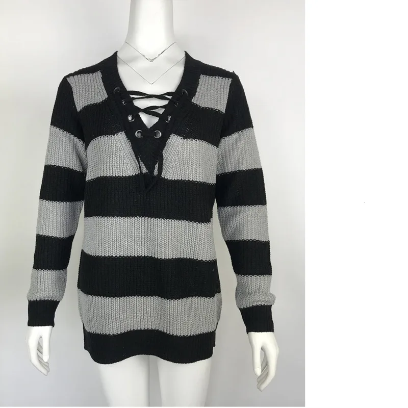 Plus Size Sweater Woman Cross Sexy V Neck Stripe Knitting Winter Pullover Jersey Mujer Invierno Female Patchwork Jumper Ey* | Женская