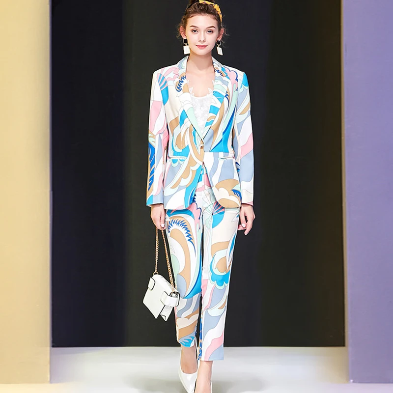 2021 Spring Elegant Office Lady Pants 2 Piece Set Women Runway Fashion Geometric Print Blazer and Trousers Suit Party Twinset