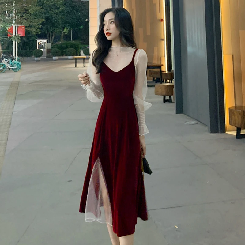 

Dress Women Autumn Winter Trendy Two-Piece Suit Fairy Dress Sling Basic Bottoming Red, Long Skirt Fashion Women Fairy