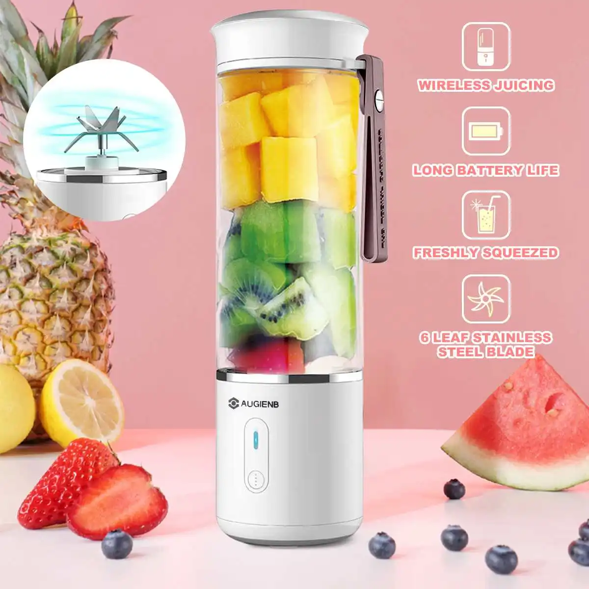 

AUGIENB 500ml Electric Fruit Juicer Glass Mini Portable Handheld Smoothie Maker Blenders Mixer USB Rechargeable for Home Travel