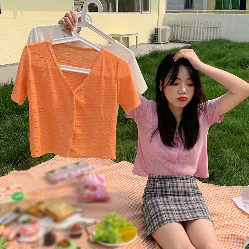 

Women Hollow Out T-shirt Summer Fashion V-neck Short Sleeves Tee Solid Color Tops Girls Thin Casual Knitted Cardigan M