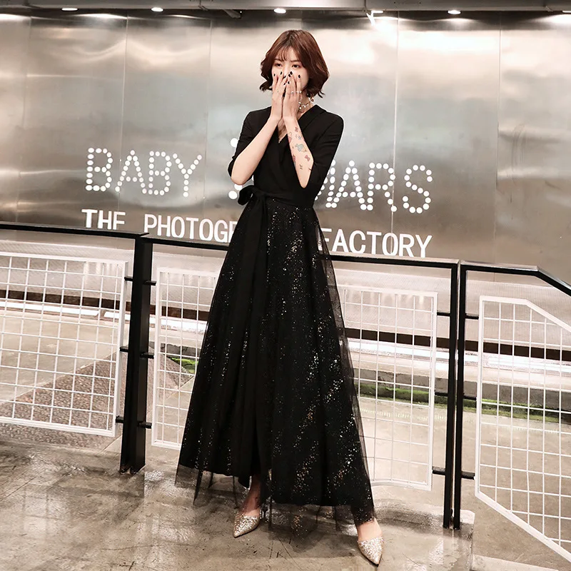 

Special Occasion Dresses Black Elegant Floor-Length V-Neck Empire Half Sleeves Sequins A-Line New Lady Formal Party Gown E1212