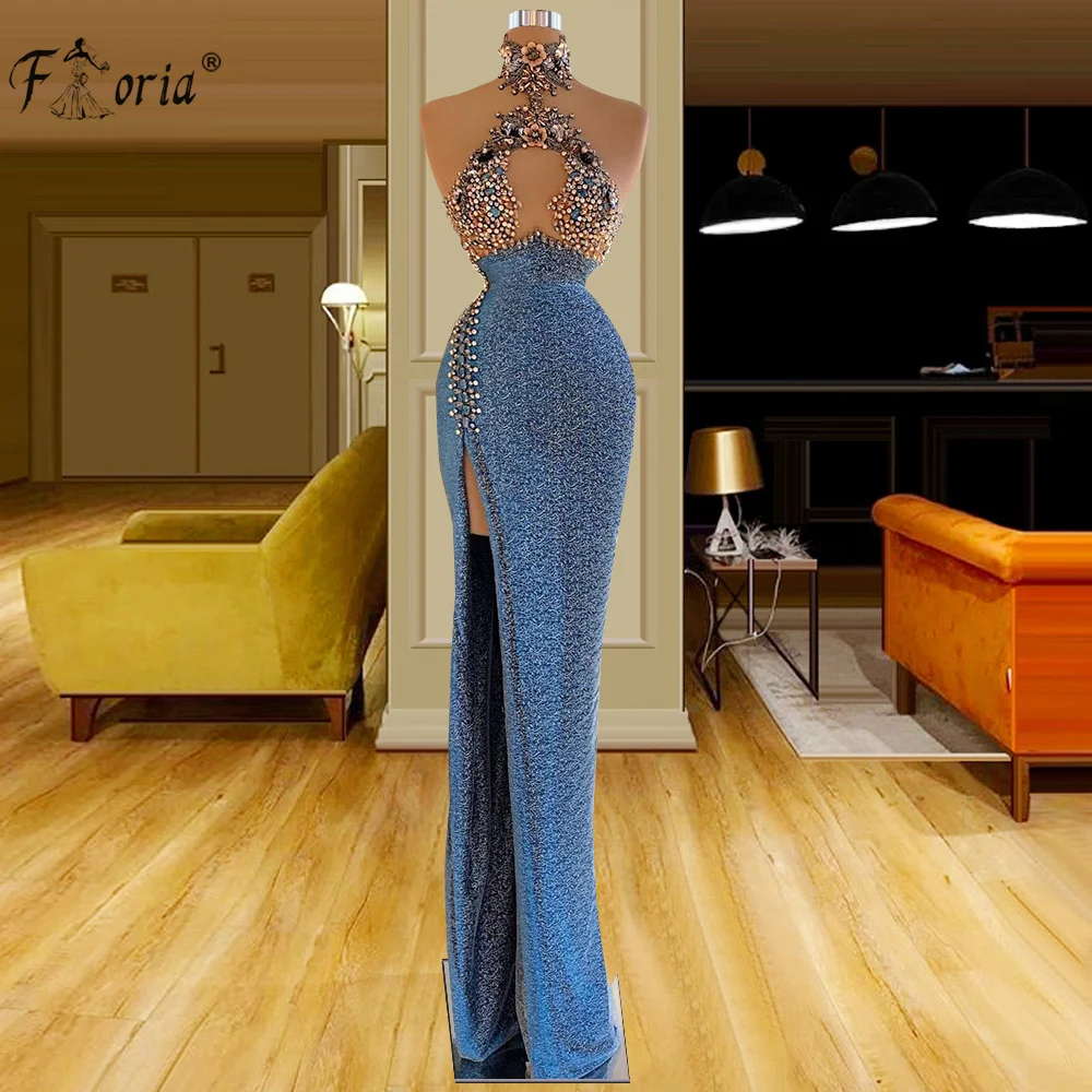

Gorgeous Blue Mermaid Evening Dress with Side Slit Arabic Prom Gowns Elegant Beading Crystals Celebrity Dress vestido de novia