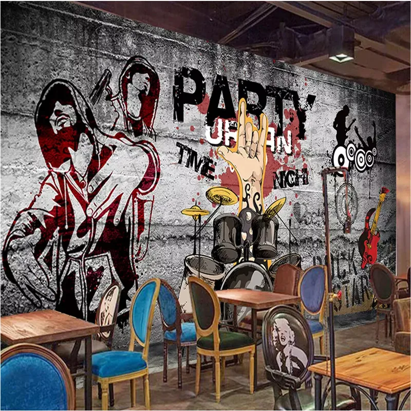 

Пользовательские Настенные обои 3D Ретро Европейский и американский тренд хип-хоп Рок музыкальный бар КТВ серый фон настенные росписи 3D Бум...