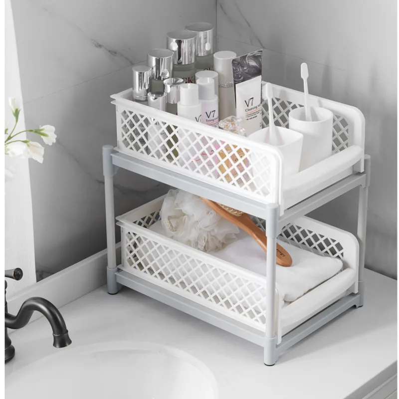 

2 Layers Kitchen Spice Rack Countertop Spice Jars Bottle Shelf Kitchen Bathroom plastic Organizer Shelf Storage Holder white