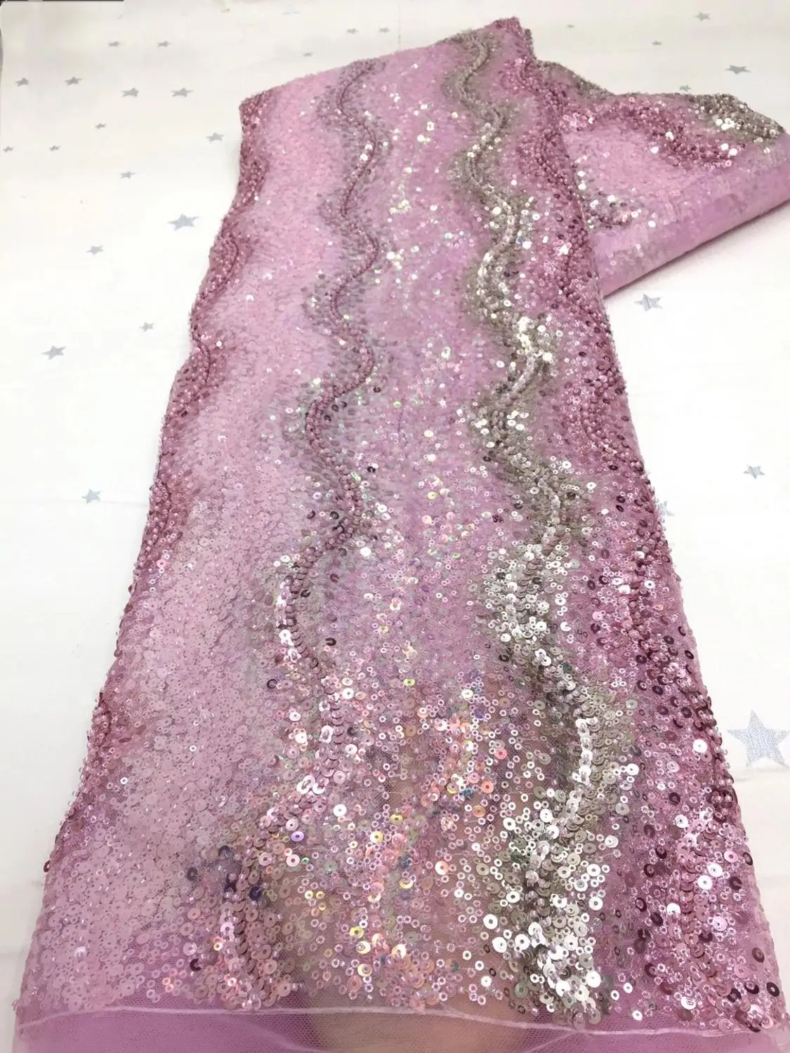 

Nigerian Lace Fabric 2020 High Quality African French Tulle Lace Fabric Hand Made Pink+Gold Sequins For Wedding Party