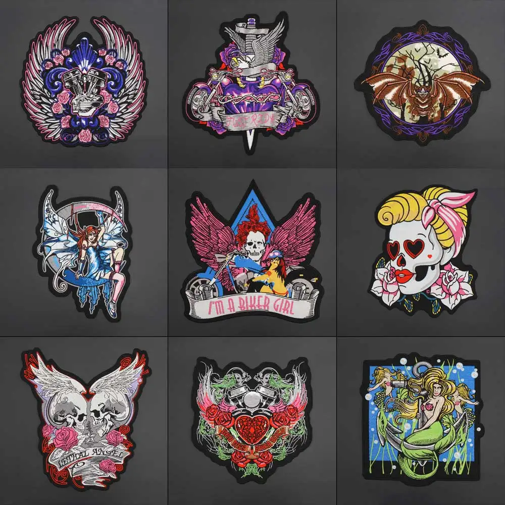 

Biker Girl Embroidery Lady Rider Punk Patches Wings Motorcycle Skull Badge for Clothes Stickers Apparel Accessories