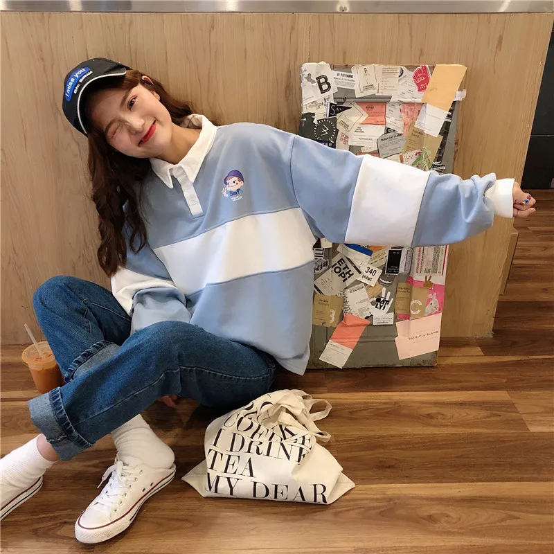 Новинка 2020 хит Осенние повседневные женские толстовки поло воротник пэчворк