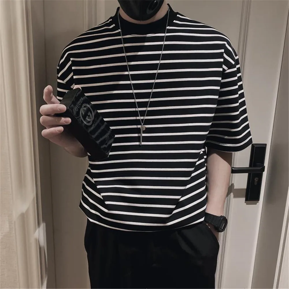 Модная футболка в полоску для мальчиков летняя водолазка Мужская японская