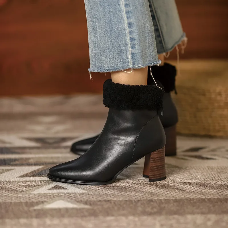 

MEMUNIA 2021 Top Quality Vintage Genuine Leather Shoes Women Ankle Boots Pointed Toe Warm Fashion High Heel Snow Boots Women