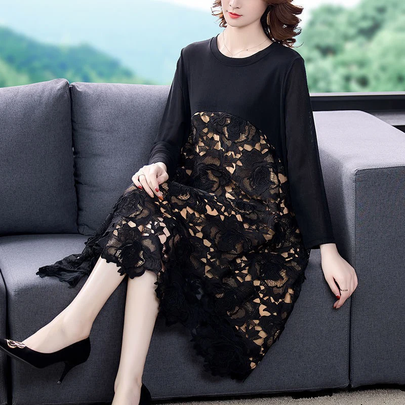 

Женское платье с вышивкой, черное лоскутное платье с длинным рукавом, одежда трапециевидного силуэта 5xl, 4xl, весна-осень 2021