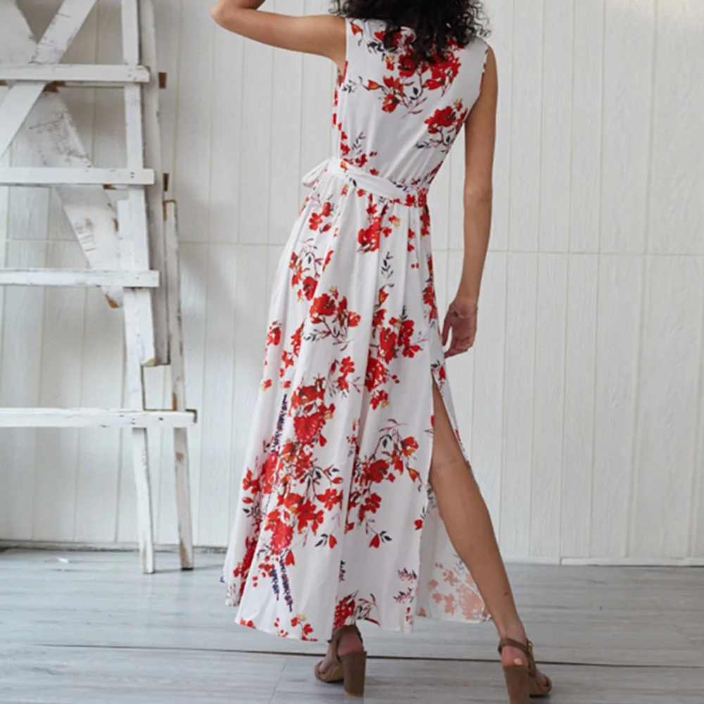 Богемное женское белое платье на шнуровке 2020 с цветочным принтом длинное пляжное