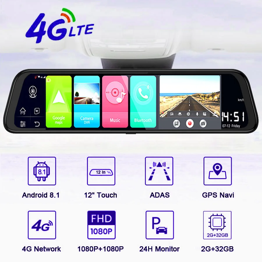 WHEXUNE 4G Android 8,1 gps навигация 1" ips сенсорный экран зеркало заднего вида Автомобильная камера ADAS FHD 1080P видеорегистратор