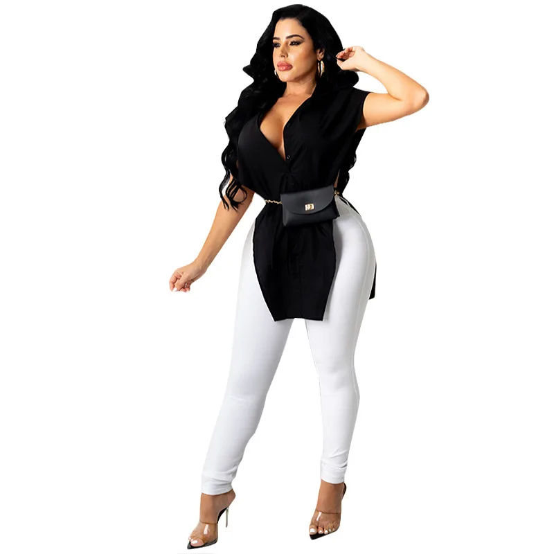 Женская однотонная офисная футболка без рукавов с V-образным вырезом лето 2021 |