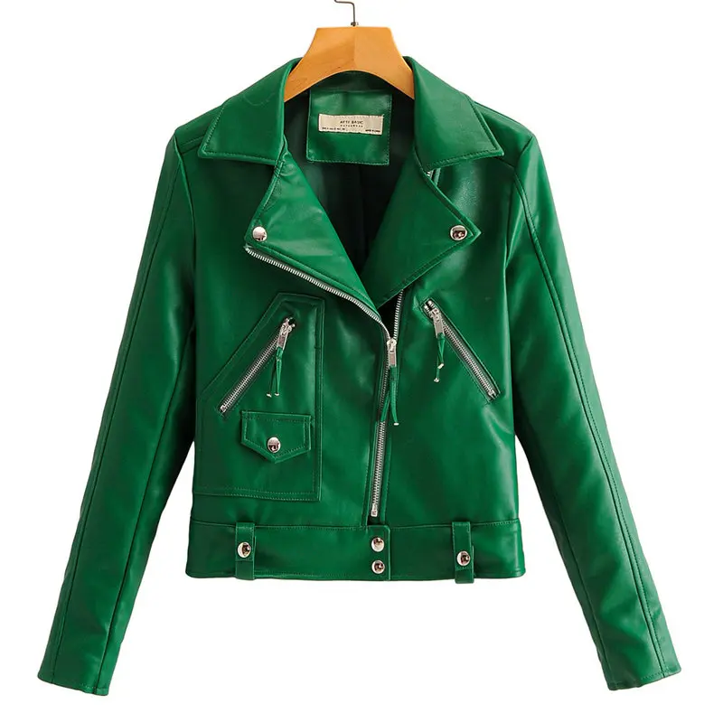 Женская куртка из искусственной кожи зеленая байкерская с длинным рукавом на
