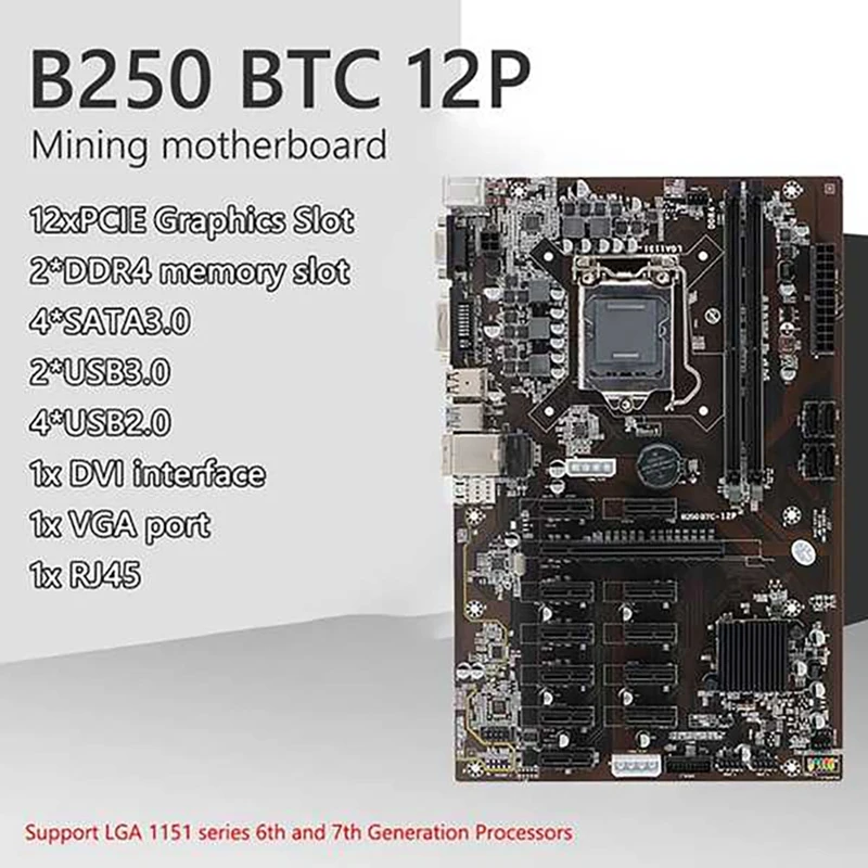 Материнская плата B250 BTC для майнинга 12 PCIE слотов LGA1151 DDR4 RAM SATA3.0 USB3.0 с процессором