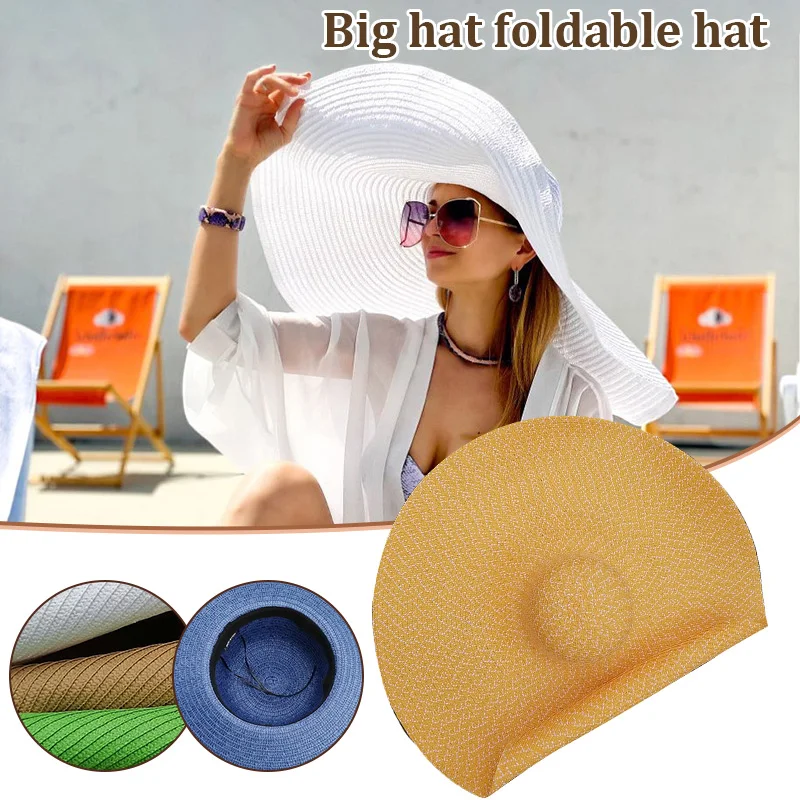 

Summer Oversize Beach Hats for Women 56-58cm Brim Large Straw Hat Sun Protection Foldable Party Travel Hat UV Protect Travel Cap