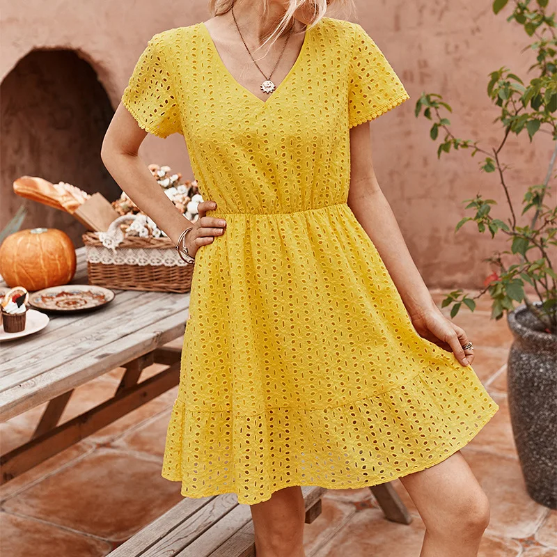 

Fashion Women's Dress New Summer Casual V-neck Pullover Solid Color Hollow Waist Short-sleeved Dress Women's Clothing Donsignet