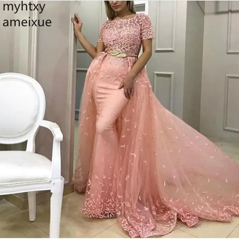 

New Arrival Lace Plus Size Evening Event Dress Abendkleider 2021 Dubai Kaftan Arabic Women Dresses Pink Party Robe De Soiree