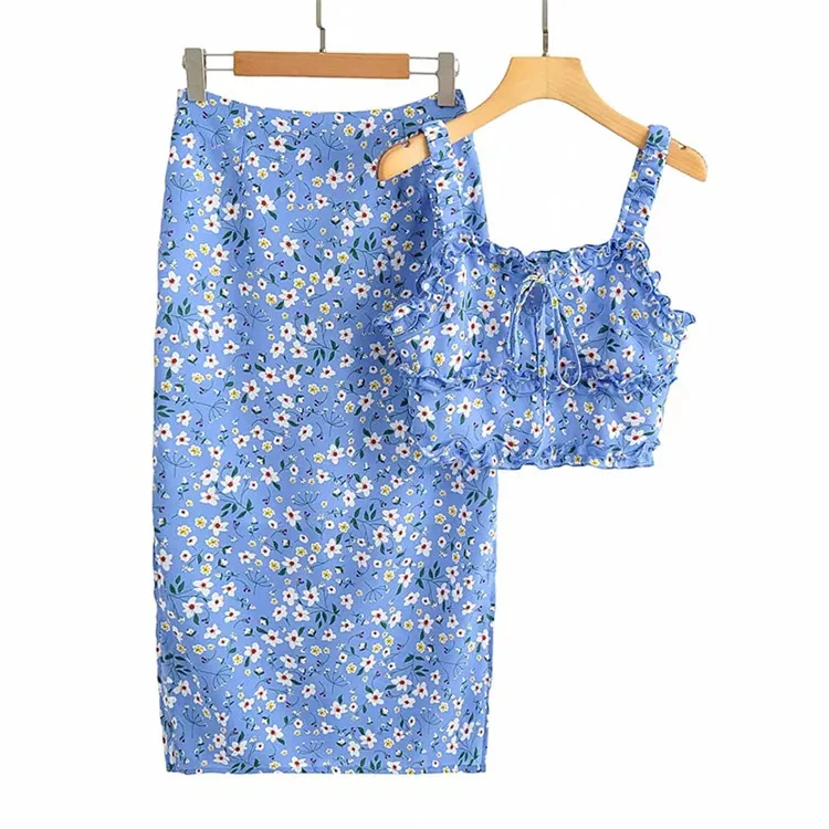 

French Pastoral Style Fresh Sweet Printed Vest High Waist Slimming Floral Skirt Suit Summer Women Fashion Sweet