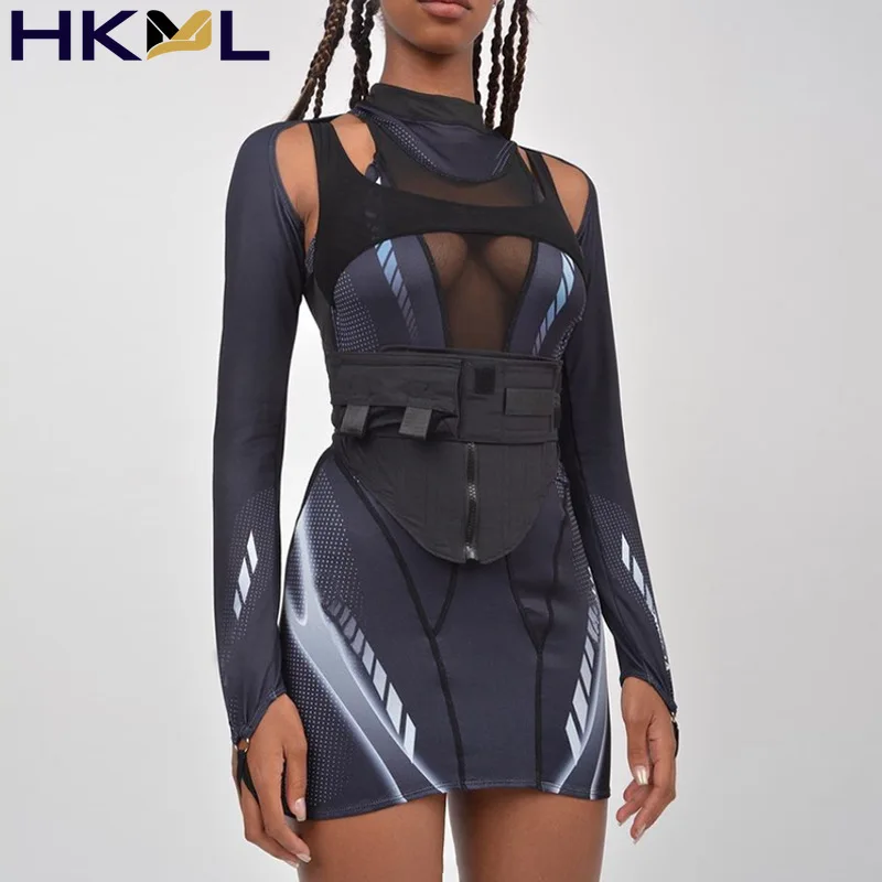 

Women Dress 2Piece Set Stretch Crop Top+ Tank Gradient Motorcycle Fall Casual Trend Matching Streetwear Outfit