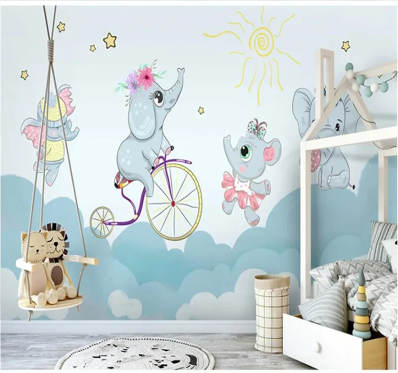 Большие Настенные обои на заказ милые Мультяшные слоны для езды велосипеде
