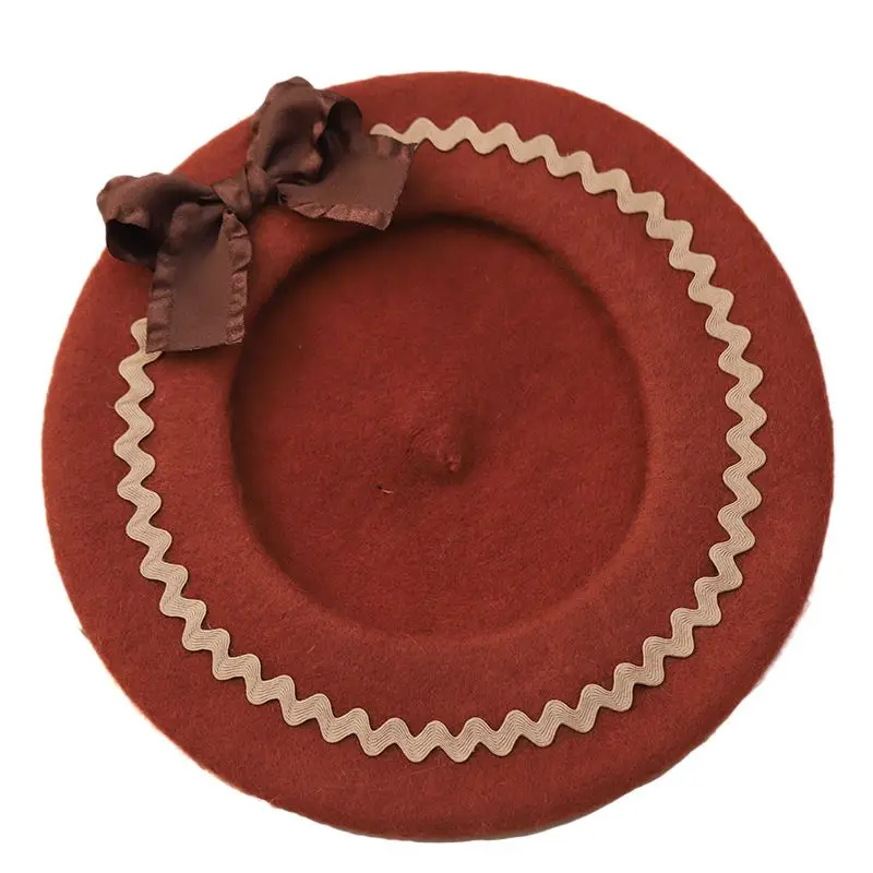 

New Autumn Winter Japanese Sweet Bowknot Long Ribbon Berets Girl Original Handmade JK Uniform Ornaments Painter Hat Dome Hat