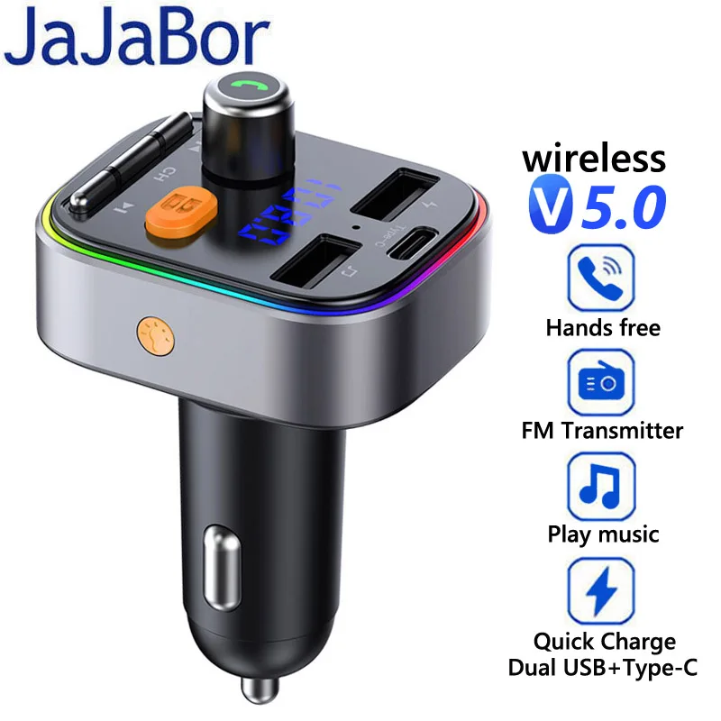 

JaJaBor FM Transmitter Bluetooth 5.0 Carkit Handsfree Music Play Car MP3 Player USB Car Charger Support U DIsk TF Card Playback