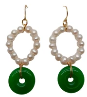 HABITOO Handmade Natural Freshwater Cultured White Pearl Ring Green Stone Dangle Hook Earrings Women Gold Wire Winding Jewelry