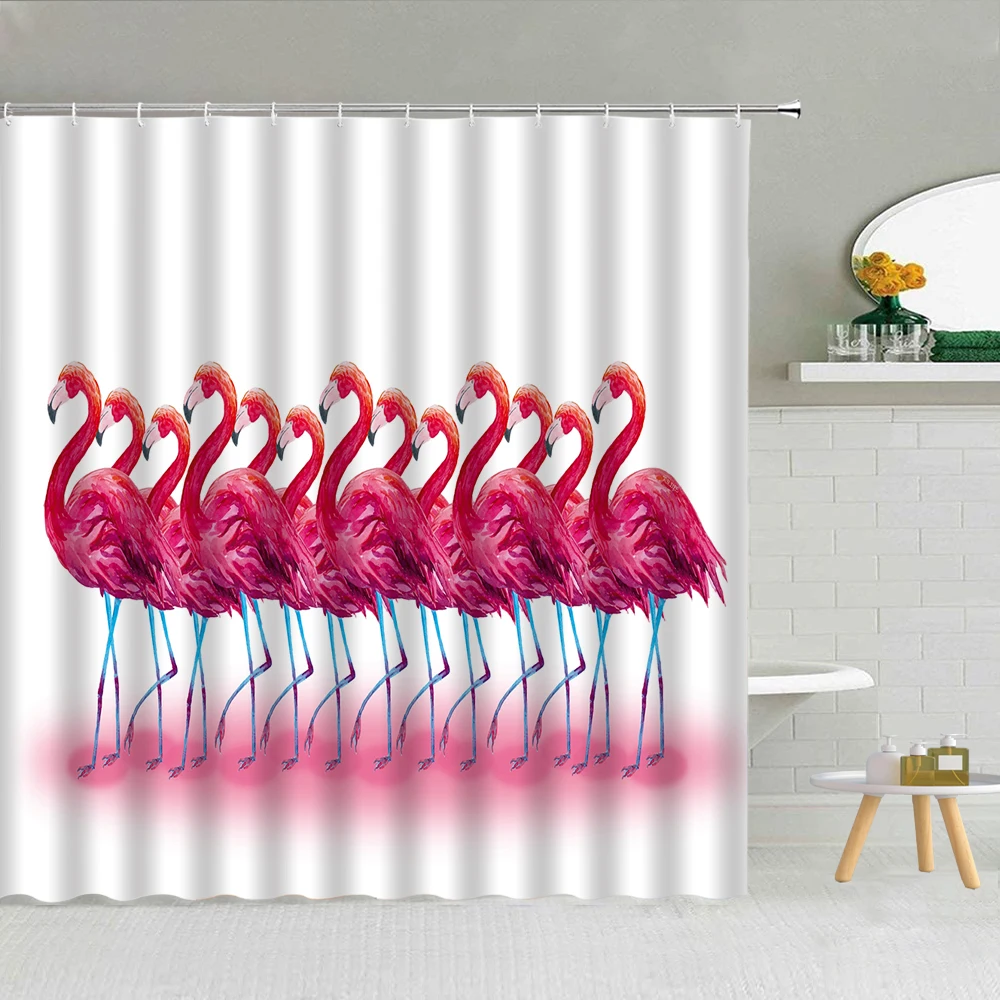 

lamingo Shower Curtain Dance Green Leaves Lovely Pink Pattern Bathroom Home Decor Curtains Mildew Proof Polyester Fabric Curtain