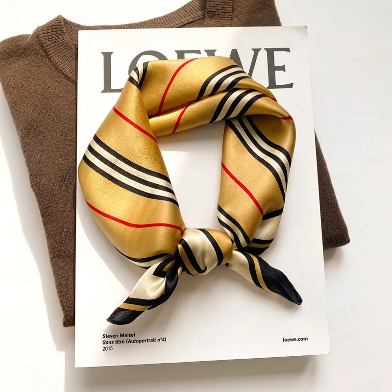 

Striped square scarf, mulberry silk white collar scarf, women's 53cm fashion scarf