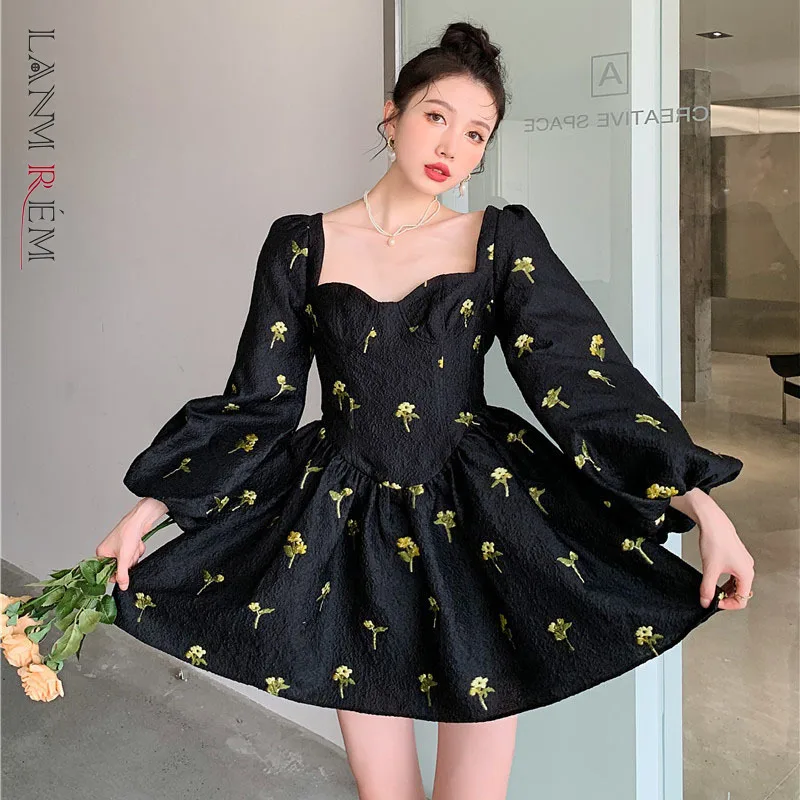 

LANMREM 2022 Spring New Women Fashion Puff Sleeve Black Printing Pullover Square Collar Backless A-line Dress Casual Tide 2W279