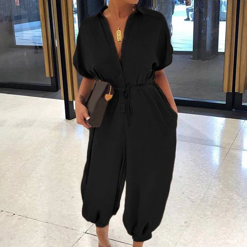 

2020 Summer Leopard Print Button Jumpsuit Women V Neck Short Sleeve Playsuit Elegant Office Lady Overalls Loose Trouser Pockets