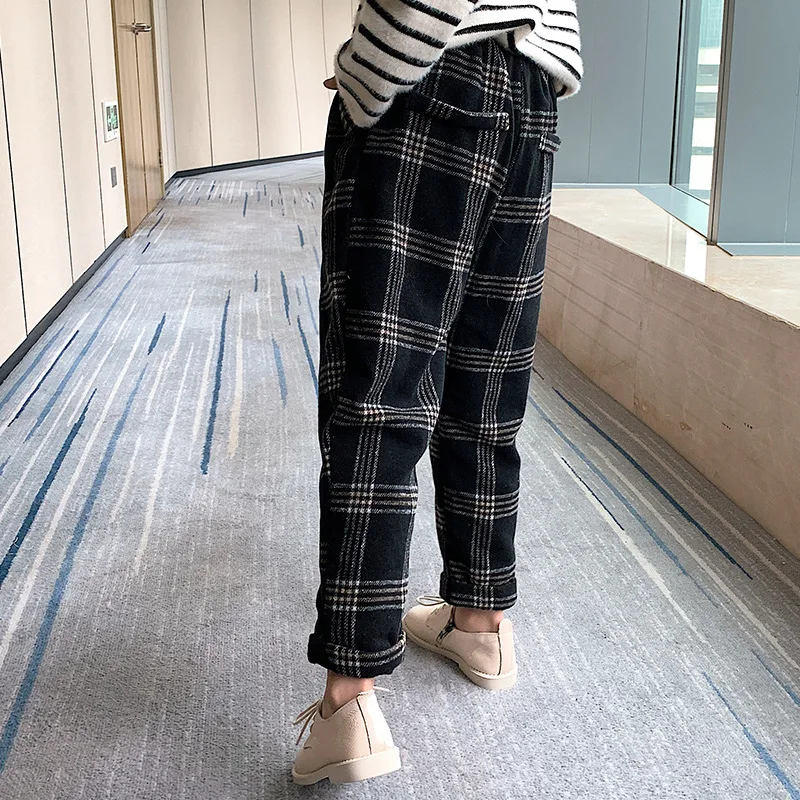 Штаны для девочек зимние плотные флисовые повседневные Клетчатые Шерстяные