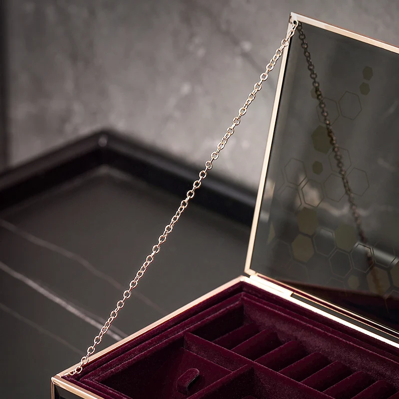 Casegrace Luxury Golden Jewelry Storage Box Desktop Glass Necklace Ring Earring Cosmetic Makeup Jewellery Case Organizer Casket