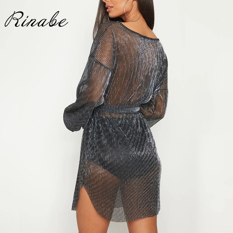 Rinabe Mesh Bikini Cover Up Shiny Party Dress Sash Belt Dresses Long sleeve Beachewear Solid Swimwear Pareos Beach Wear Sundress | Женская
