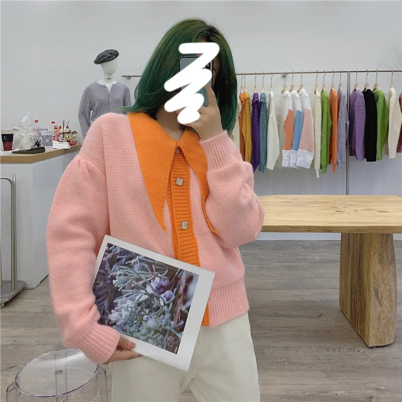 

Fall Korean Contrast Color Geometric Big Collar Personality Fashion Women Sweater for Women Single Breasted Candy Color
