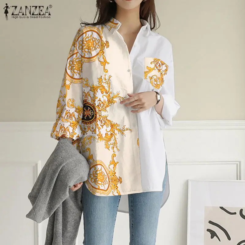 Женские винтажные рубашки с принтом ZANZEA 2022 весенние Лоскутные Топы повседневные