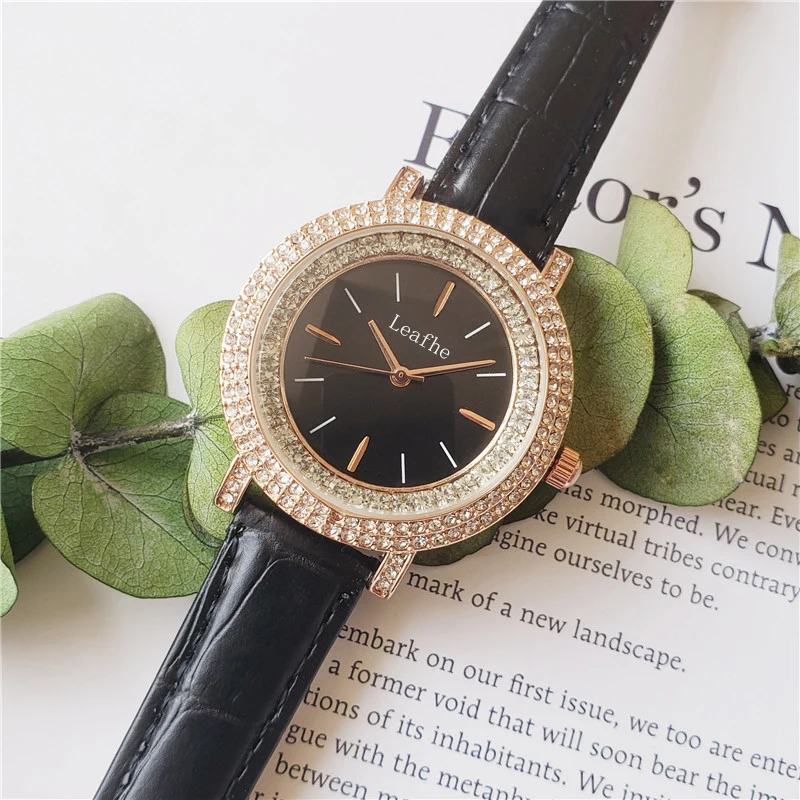 

Fashion Diamond Women's Watches Strip Nail Style Stainless Steel Case Leather Strap Quartz Watch Dial Diameter 36mm Black Clock