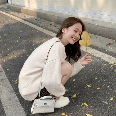 

New Style Very Fairy Candy-Colored Sweater Women's Autumn and Winter Laziness Loose Outer Wear Soft Milk Blue Pullover Knitted J