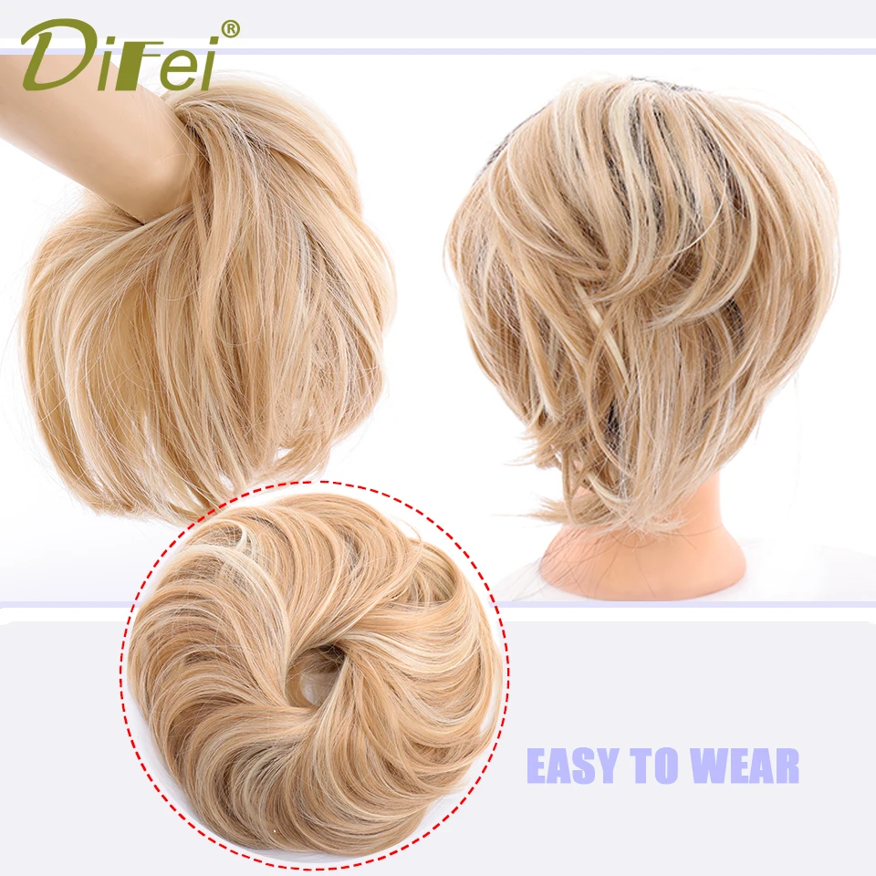 

DIFEI Girls Straight Scrunchie Chignon with Elastic Rubber Band Synthetic Hair Ring Black Gray Wrap On Ponytail Messy Bun Donut