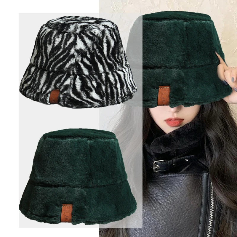 

1PC Winter Bucket Hat Fashion Thick Warm Woolen Fleece Cap Solid Color Outdoor Panama Caps Female Fisherman Hats for Women