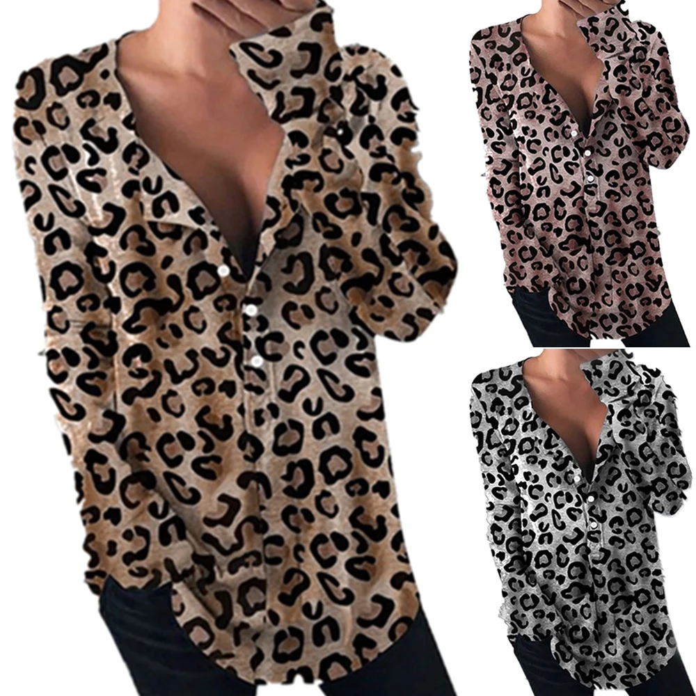 

VICABO Hot Sale Women Shirt V Neck Long Sleeve Baggy Leopard Printed Shirt Pullover Tunic Casual Loose Shirt Tops