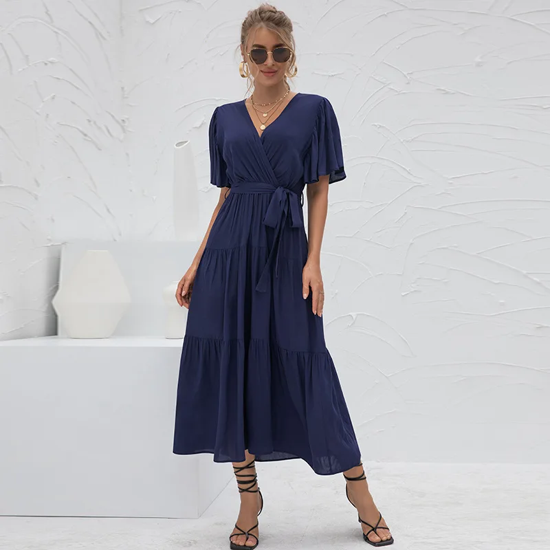 

2021 New Fashion Casual Spring Summer Chic Ladies Dress Solid Short Sleeve Fold High Waist V Neck Temperament Female Dress