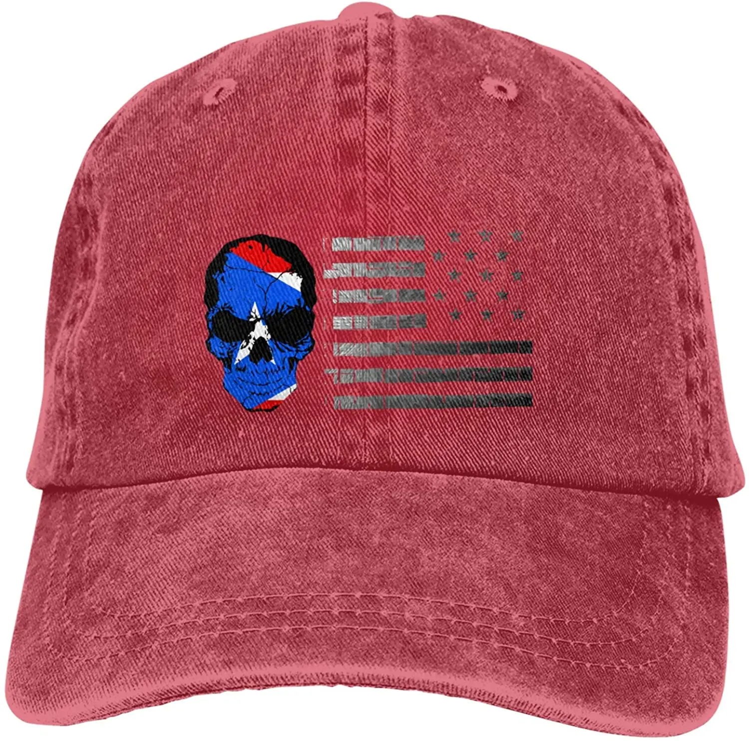 

American Flag with A Puerto Rican Skull Sports Denim Cap Adjustable Unisex Plain Baseball Cowboy Snapback Hat